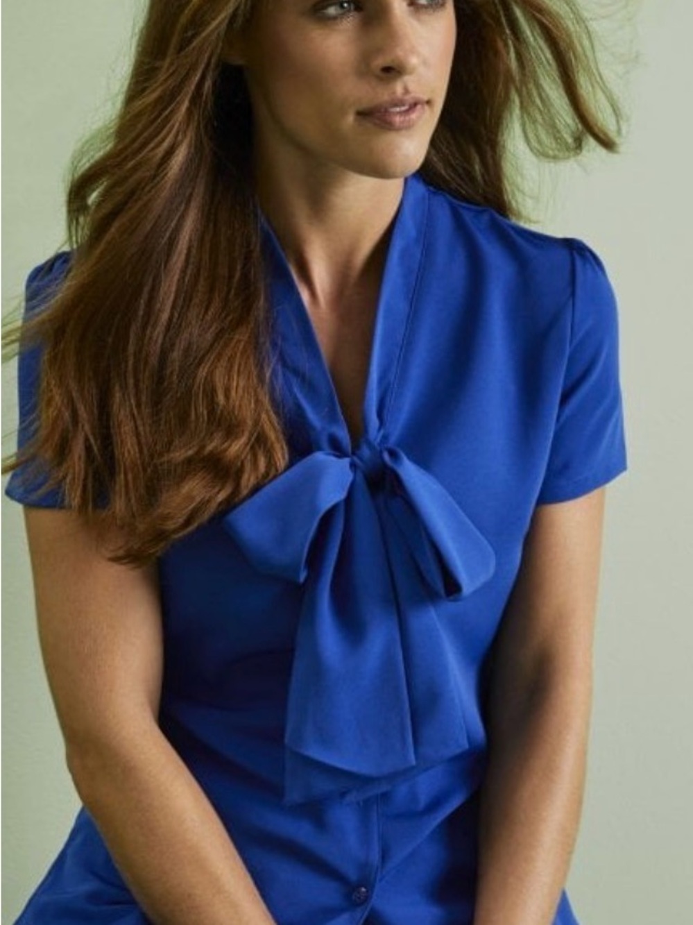 Pleione Cobalt Blue Short Sleeve Bow Front Blouse